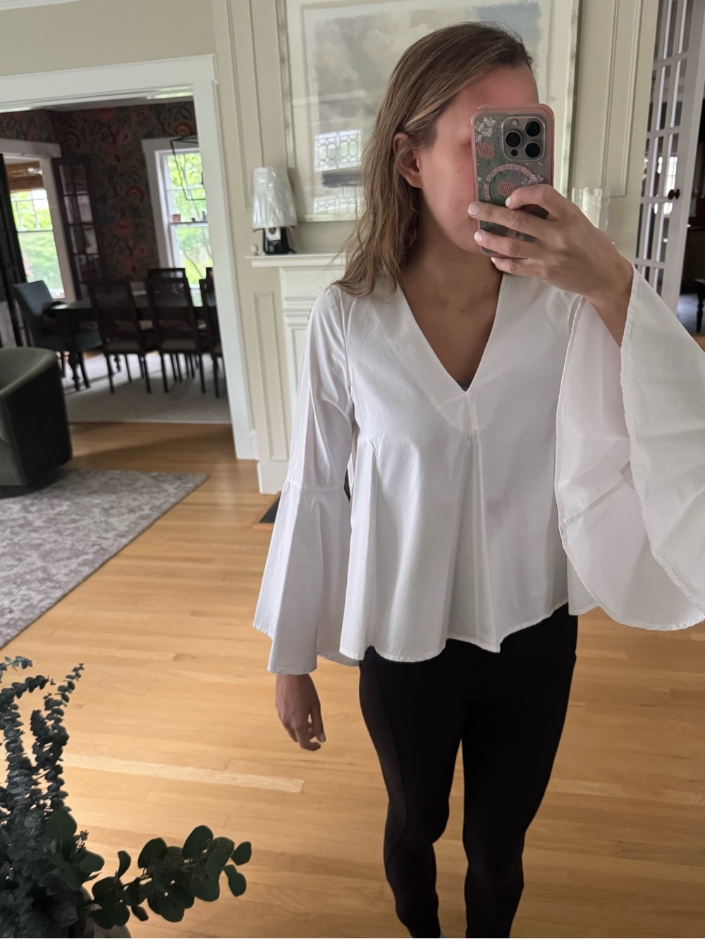 Aqua V-Neck White Bell Sleeve Top